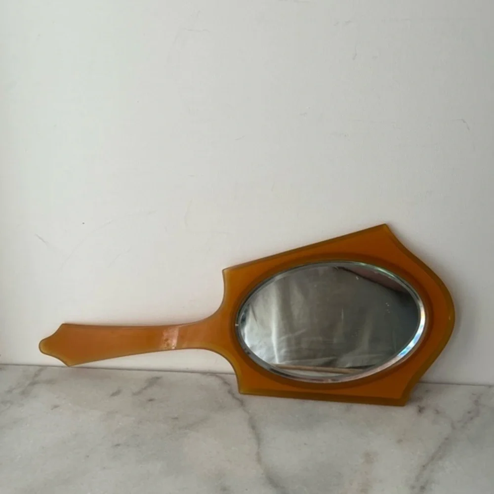 Vintage Pyralin Mayflower Vanity Hand Mirror Art Deco Celluloid Beveled Glass 15